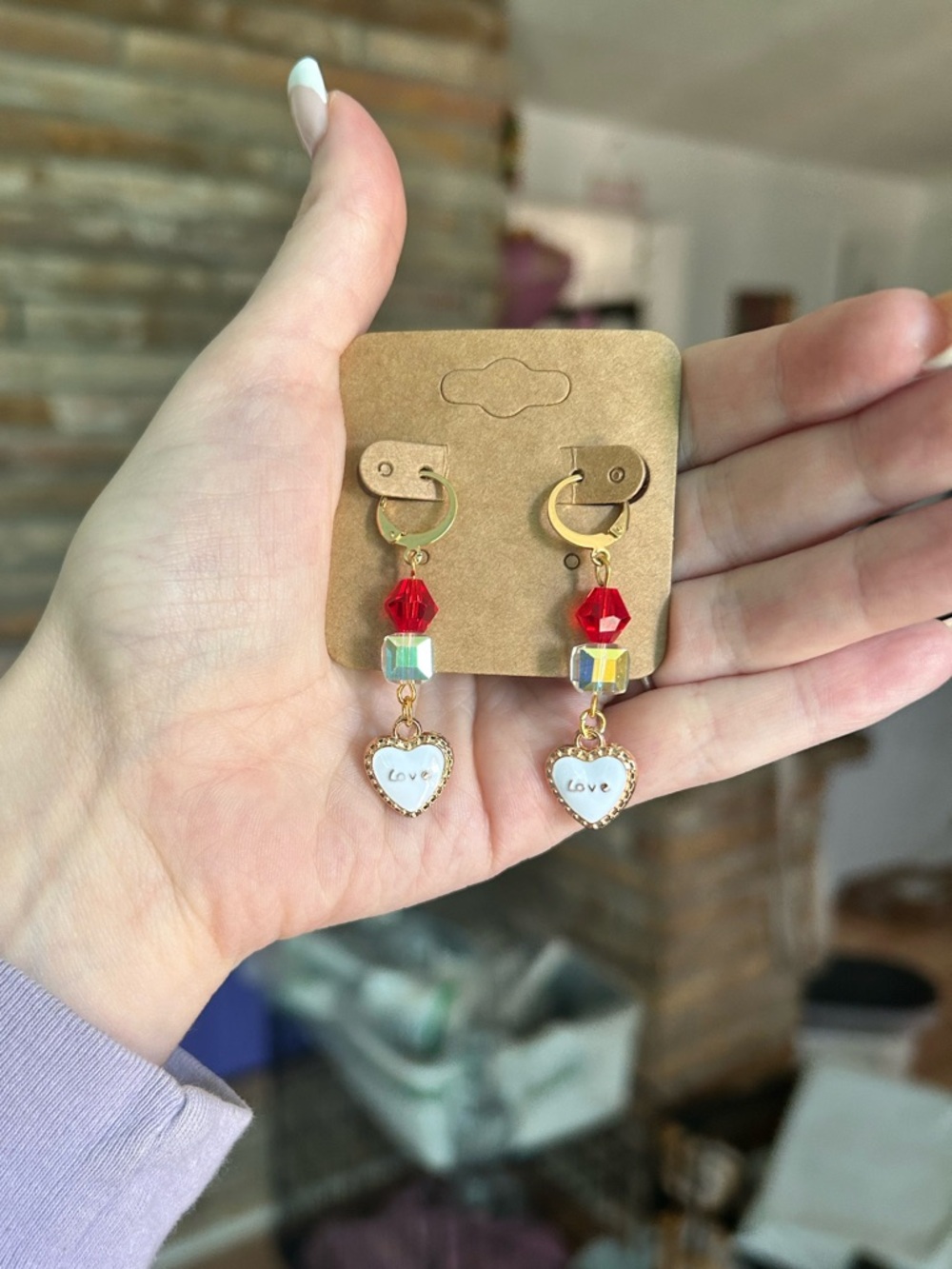 Gold-Tone Heart Drop Earrings with Red Beads